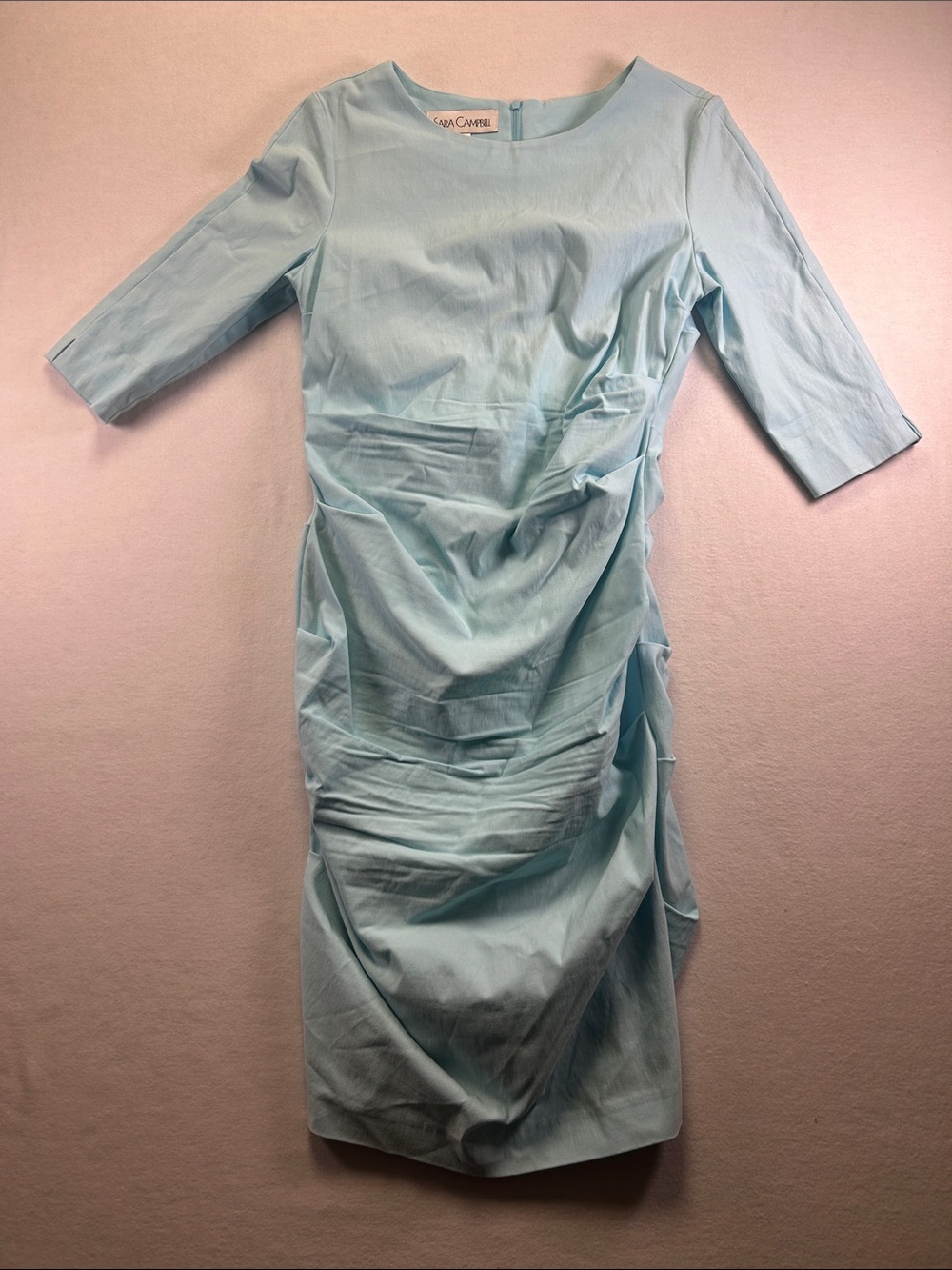 Sara Campbell Pale Blue Ruched Sheath Midi Dress